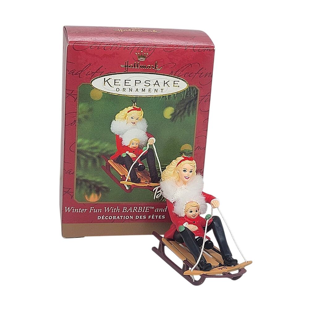 Vintage 2000 Hallmark Keepsake Winter Fun With Barbie & Kelly On Sled Ornament